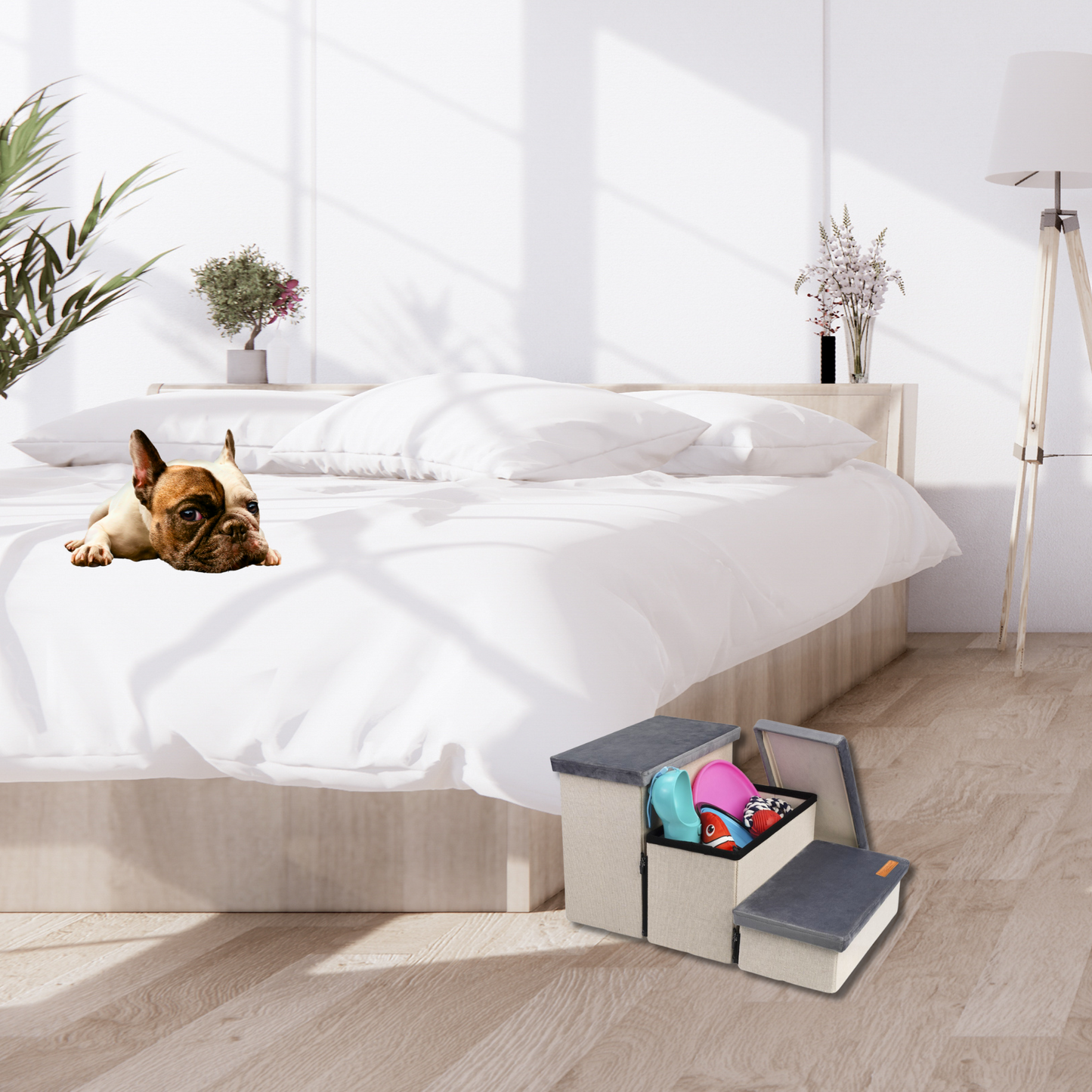Hondentrap Stevig Model 2025 Met Opbergruimte - Trap Hond - tot 60 KG - Beige met grijs