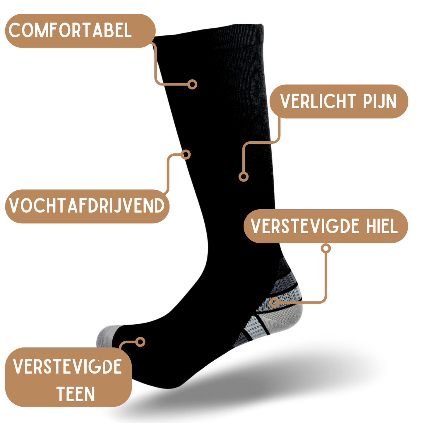 Compressiekousen - Premium Steunkousen – 1 Paar Zwart Grijs